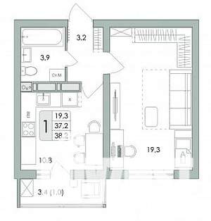 1-к квартира, строящийся дом, 38м2, 17/17 этаж