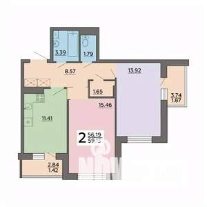 2-к квартира, строящийся дом, 59м2, 11/18 этаж