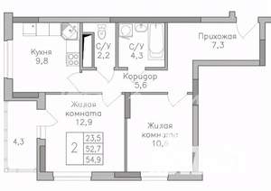 2-к квартира, строящийся дом, 55м2, 24/25 этаж