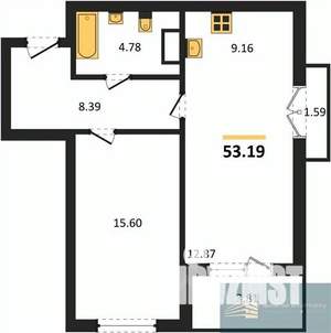 1-к квартира, вторичка, 53м2, 10/18 этаж