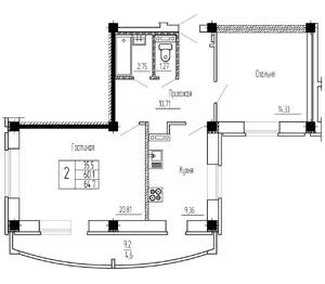 2-к квартира, строящийся дом, 65м2, 14/16 этаж