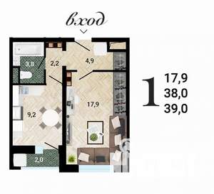 1-к квартира, строящийся дом, 39м2, 8/15 этаж
