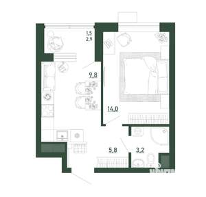 1-к квартира, строящийся дом, 34м2, 4/13 этаж