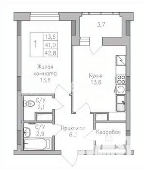 1-к квартира, строящийся дом, 43м2, 10/10 этаж