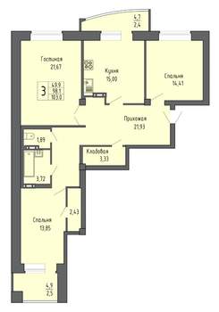 3-к квартира, строящийся дом, 103м2, 3/16 этаж