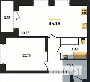 1-к квартира, вторичка, 46м2, 16/25 этаж