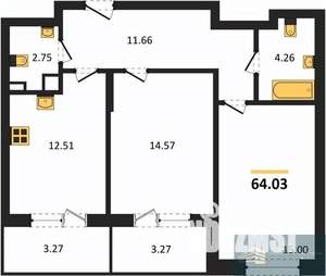 2-к квартира, вторичка, 64м2, 4/24 этаж