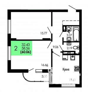 2-к квартира, строящийся дом, 60м2, 2/9 этаж