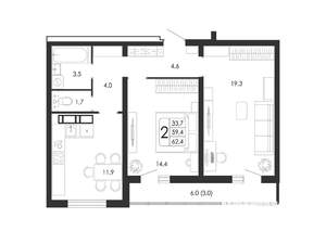 2-к квартира, вторичка, 62м2, 14/17 этаж