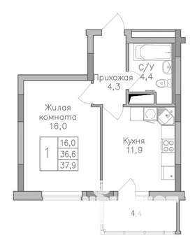 1-к квартира, строящийся дом, 38м2, 25/25 этаж