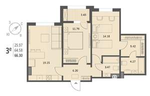 2-к квартира, вторичка, 66м2, 5/18 этаж