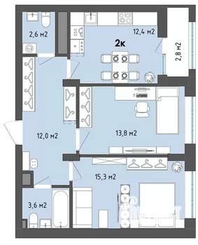 2-к квартира, сданный дом, 61м2, 2/13 этаж