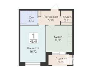 1-к квартира, строящийся дом, 43м2, 8/10 этаж