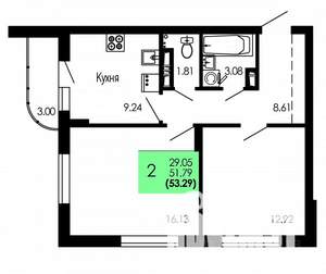 2-к квартира, вторичка, 53м2, 8/9 этаж