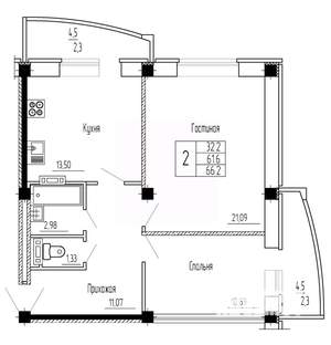 2-к квартира, строящийся дом, 66м2, 13/16 этаж