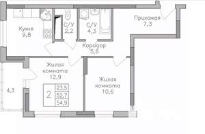 2-к квартира, строящийся дом, 55м2, 11/25 этаж