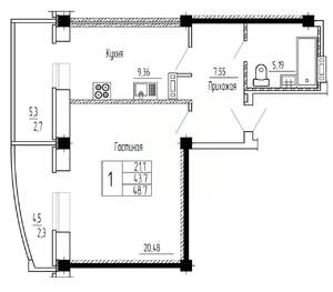 1-к квартира, вторичка, 49м2, 15/16 этаж