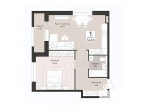 1-к квартира, строящийся дом, 52м2, 3/14 этаж