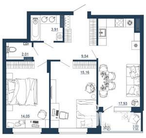 2-к квартира, вторичка, 65м2, 16/18 этаж