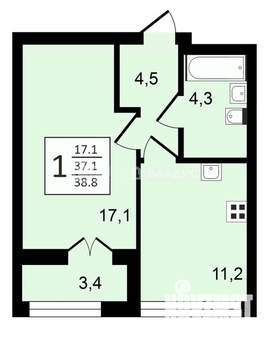 1-к квартира, строящийся дом, 39м2, 6/24 этаж