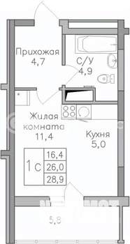 Студия квартира, строящийся дом, 29м2, 10/25 этаж