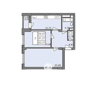 2-к квартира, строящийся дом, 62м2, 7/13 этаж