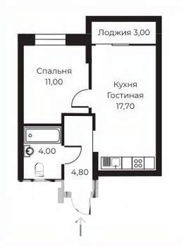 1-к квартира, строящийся дом, 39м2, 12/14 этаж