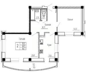 2-к квартира, строящийся дом, 65м2, 11/16 этаж