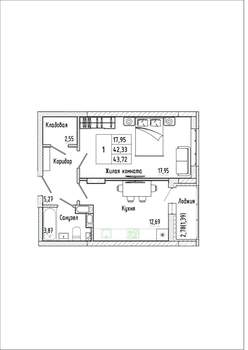 1-к квартира, строящийся дом, 44м2, 12/17 этаж