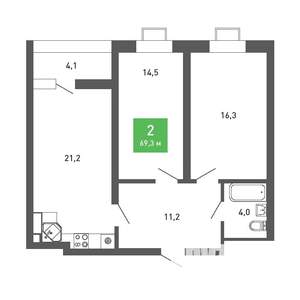 2-к квартира, строящийся дом, 69м2, 2/15 этаж