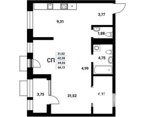 2-к квартира, строящийся дом, 66м2, 19/21 этаж