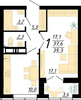 1-к квартира, строящийся дом, 39м2, 6/25 этаж