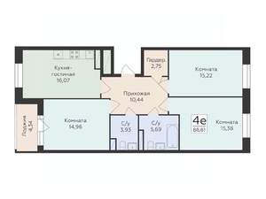 4-к квартира, строящийся дом, 87м2, 2/12 этаж