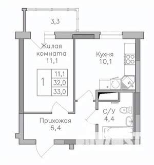 1-к квартира, строящийся дом, 33м2, 13/25 этаж