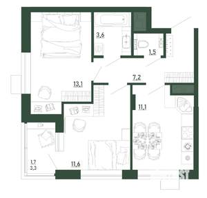 2-к квартира, строящийся дом, 50м2, 9/13 этаж
