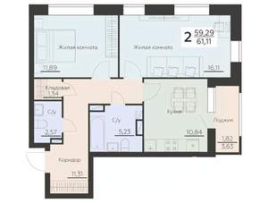 2-к квартира, вторичка, 61м2, 9/14 этаж