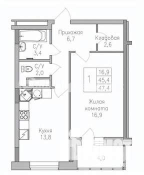 1-к квартира, строящийся дом, 47м2, 4/10 этаж