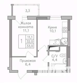 1-к квартира, строящийся дом, 33м2, 18/25 этаж