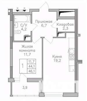 1-к квартира, строящийся дом, 46м2, 25/25 этаж