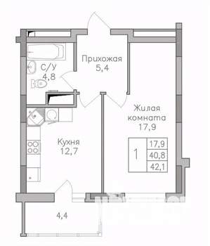 1-к квартира, строящийся дом, 42м2, 12/25 этаж