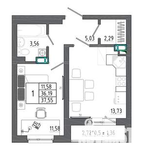 1-к квартира, строящийся дом, 38м2, 12/17 этаж