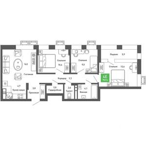 4-к квартира, строящийся дом, 77м2, 6/14 этаж
