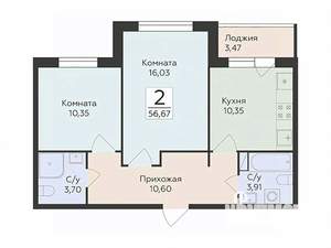 2-к квартира, вторичка, 57м2, 10/14 этаж