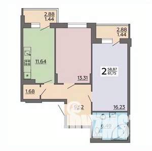2-к квартира, строящийся дом, 62м2, 8/18 этаж
