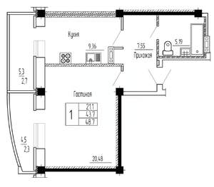 1-к квартира, вторичка, 49м2, 14/16 этаж