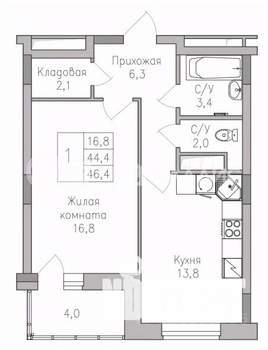 1-к квартира, строящийся дом, 46м2, 8/10 этаж