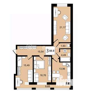 3-к квартира, строящийся дом, 89м2, 3/8 этаж