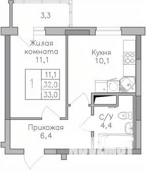 1-к квартира, строящийся дом, 33м2, 22/25 этаж
