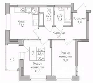 2-к квартира, строящийся дом, 50м2, 5/10 этаж