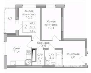 2-к квартира, строящийся дом, 54м2, 11/25 этаж